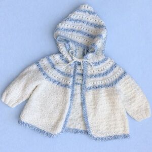 Vintage Handknit Baby Hooded Cardigan in White and Light Blue